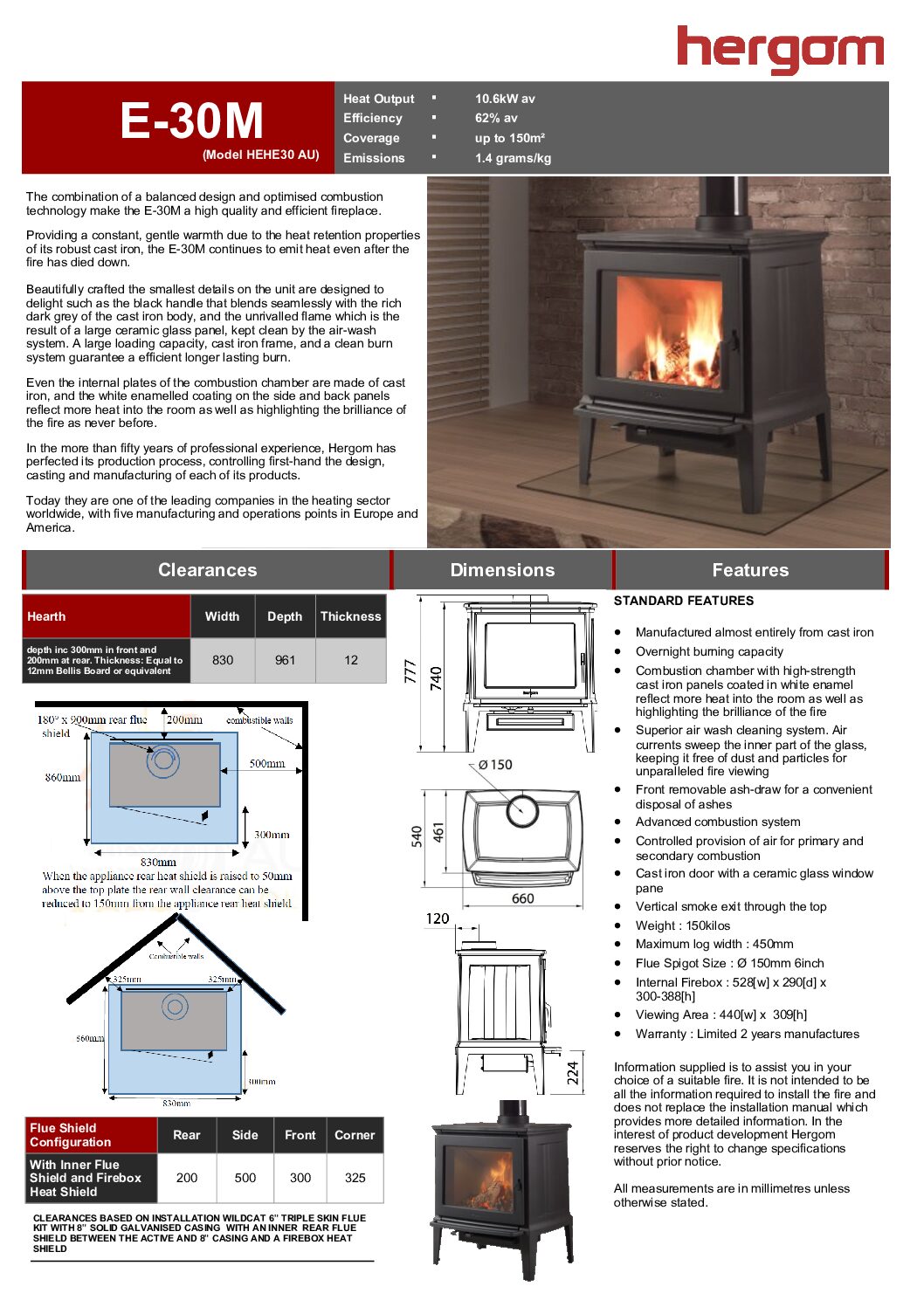 Hergom - Wood Heater - E-30M F/S - 180m2 - Includes Heat Shield - Image 2